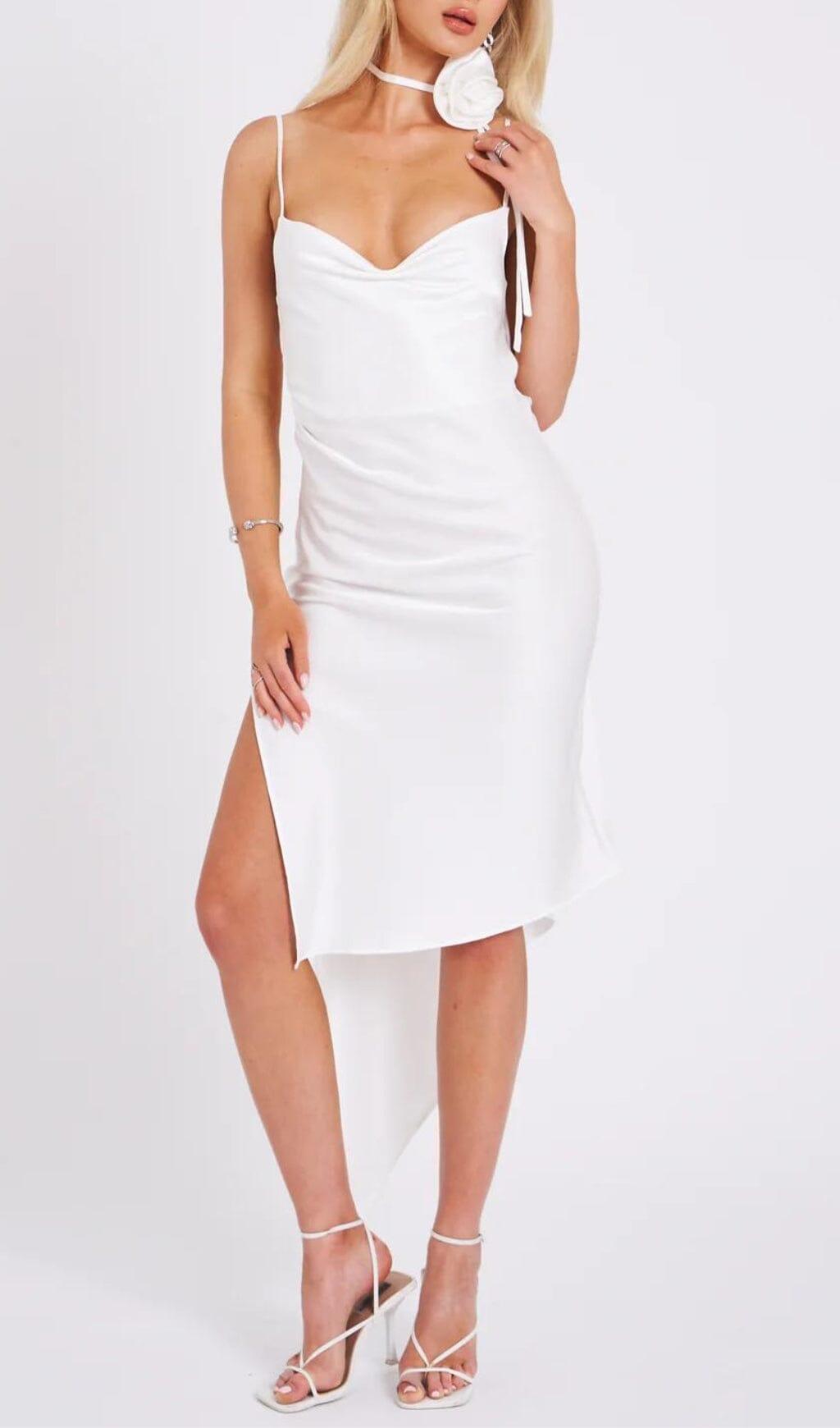 WHITE SATIN DRAPING MIDI DRESS