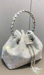 CRYSTAL EMBELLISHED BUCKET BAG IN SILVER