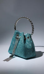 CRYSTAL EMBELLISHED BUCKET BAG IN BLUE