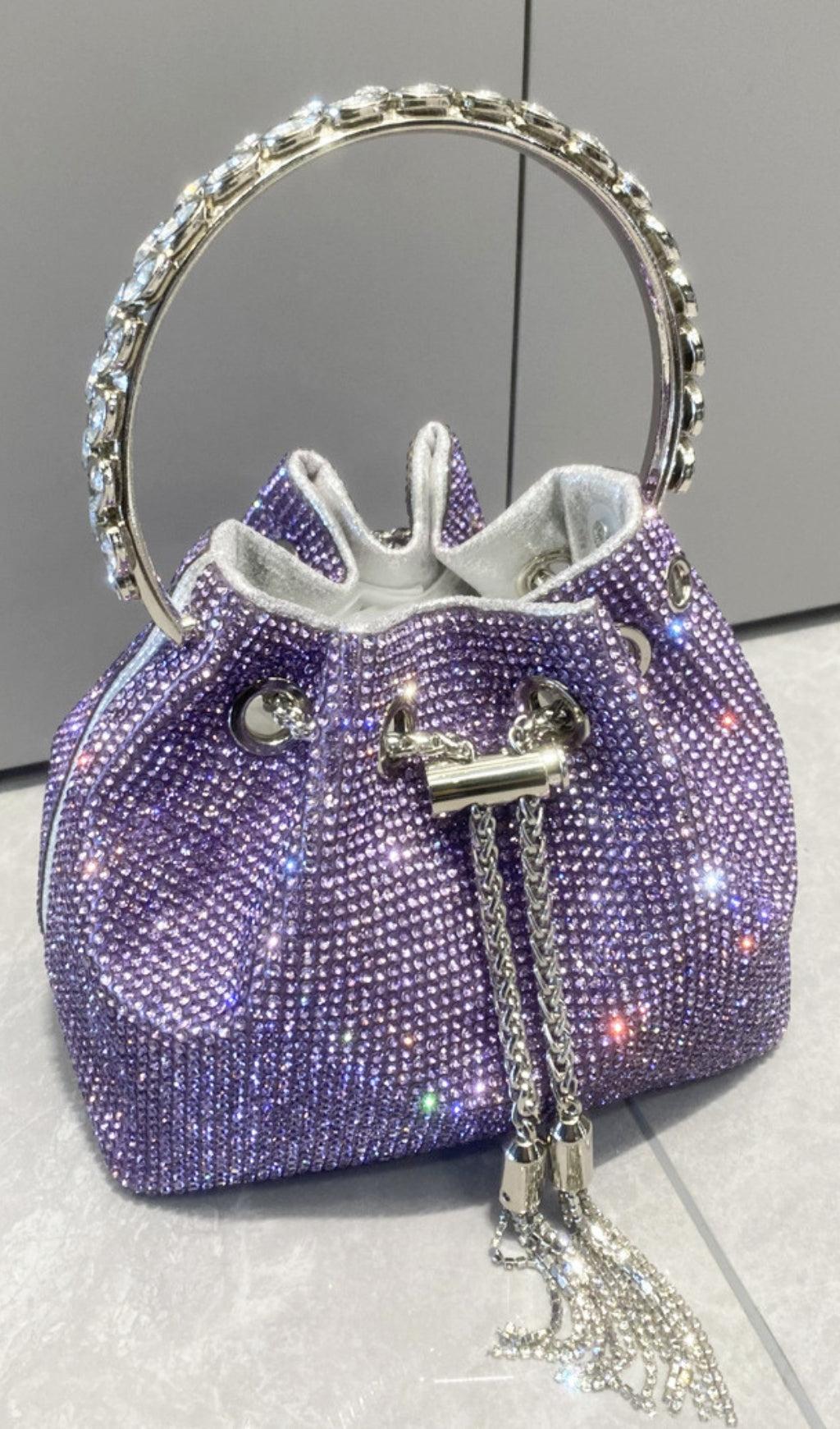 CRYSTAL EMBELLISHED BUCKET BAG IN PURPLE