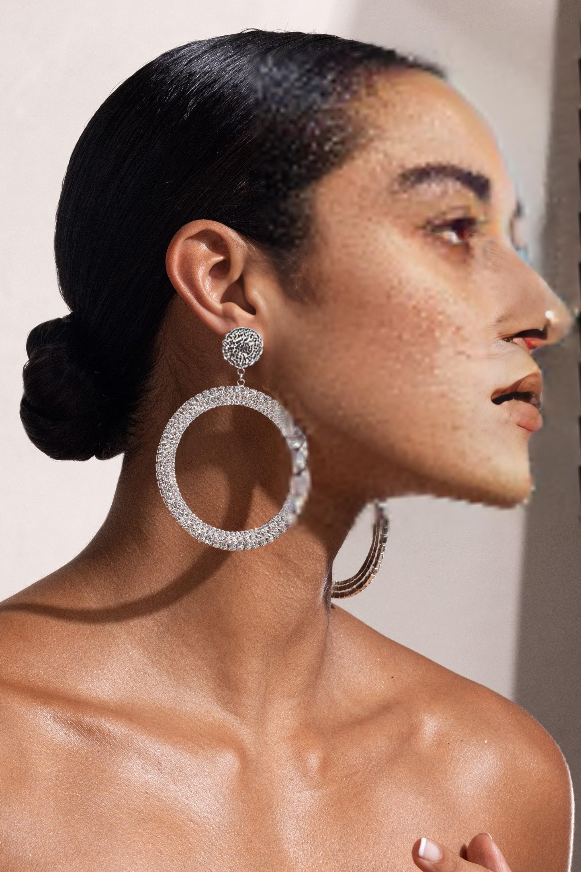 SILVER DIAMANTE HOOP DROP EARRINGS