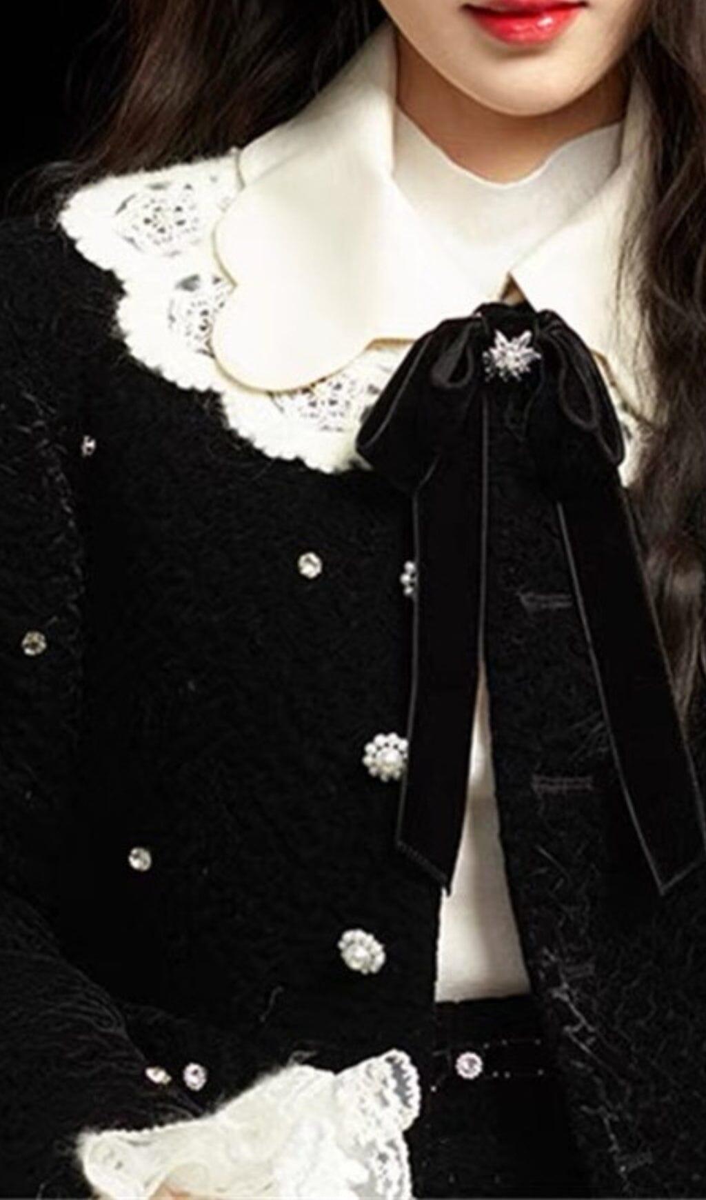 STARRY VELVET RHINESTONE LACE TRUMPET SLEEVE SHORT COAT & SKIRT SUIT