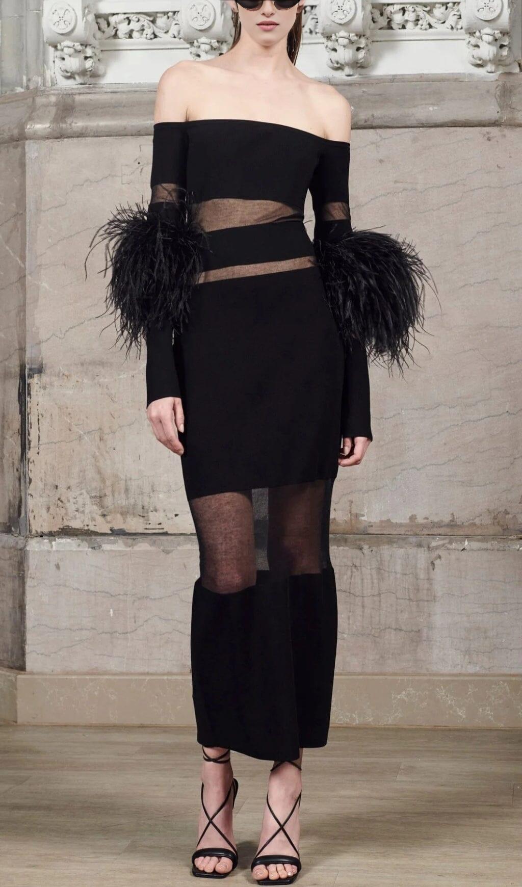 BANDAGE OFF-SHOULDER FEATHER MIDI DRESS IN BLACK