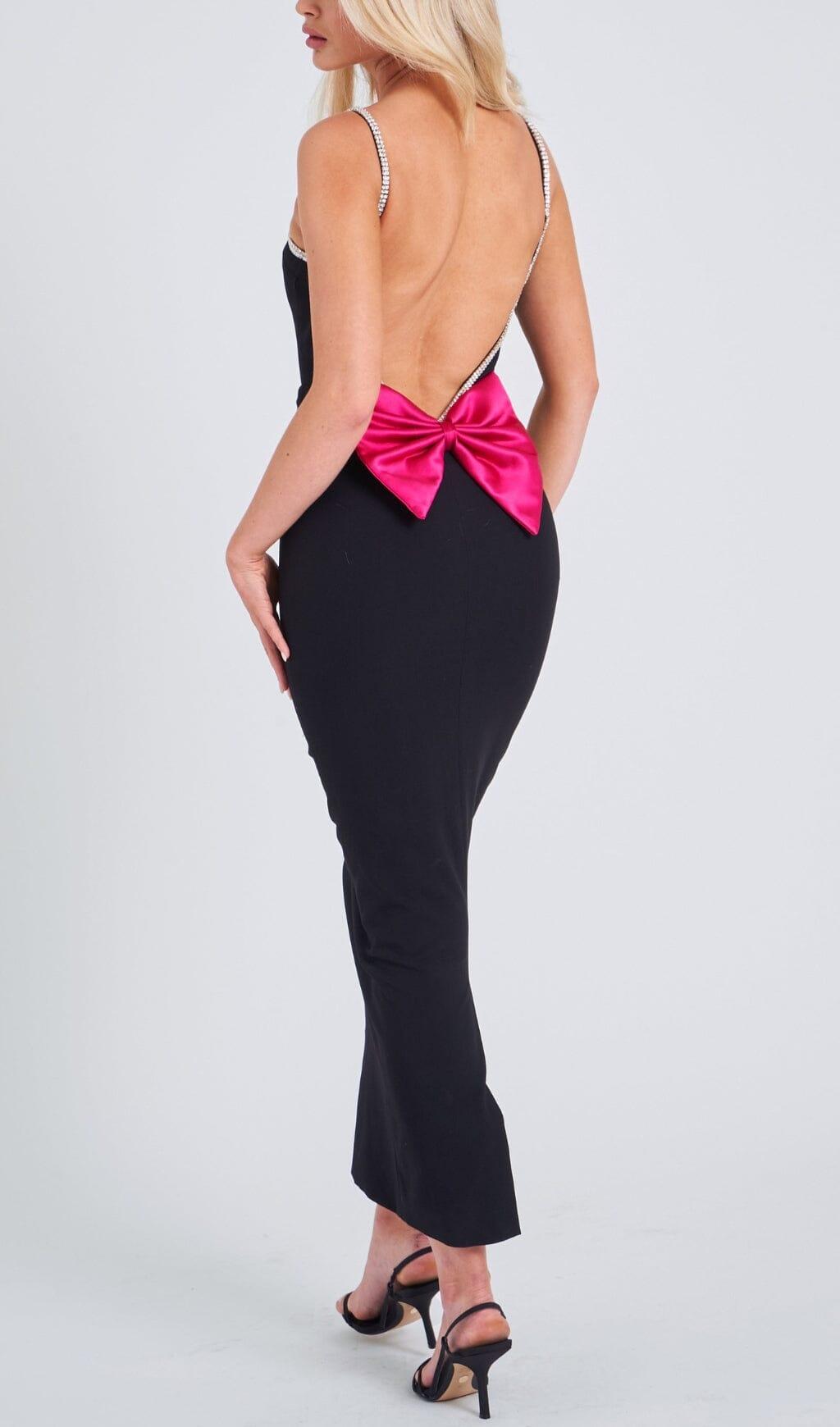 BLACK CRYSTAL STRAPS BACKLESS GOWN WITH BOW