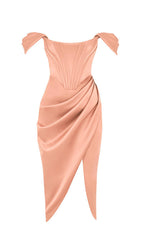 ASYMMETRIC SPLIT CORSET MIDI DRESS IN BLUSH