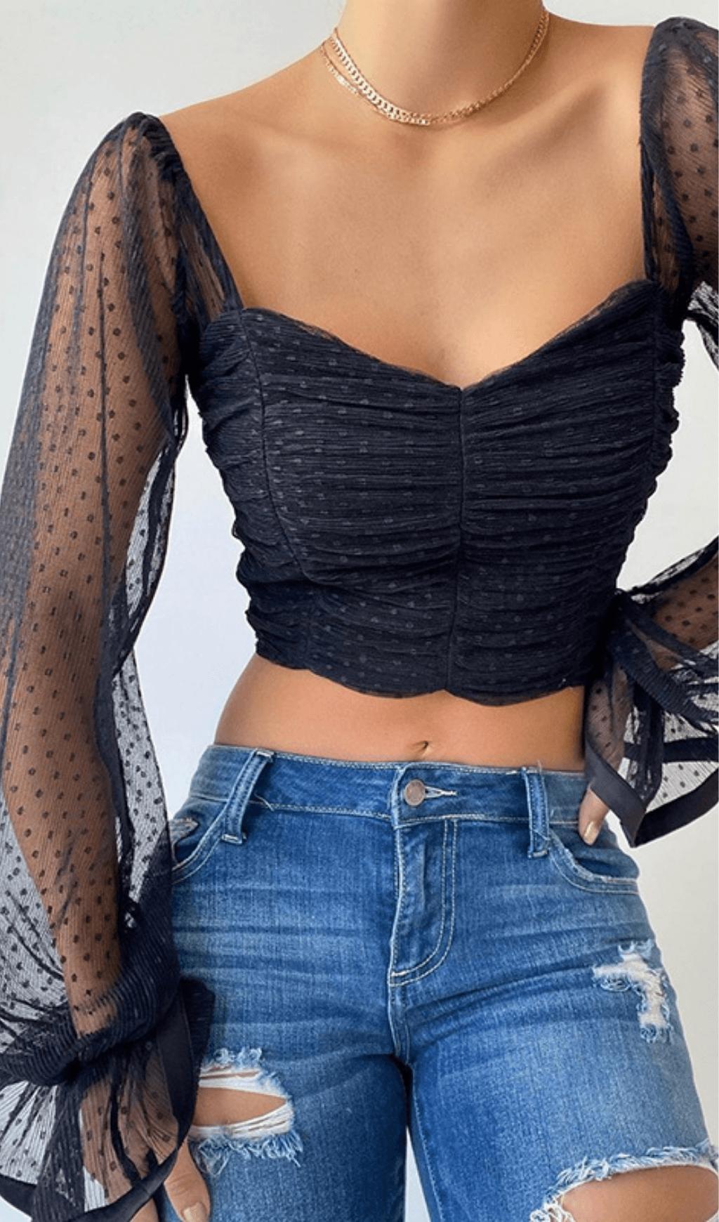 BLACK POLKA DOT WRAP CHEST CROP TOP