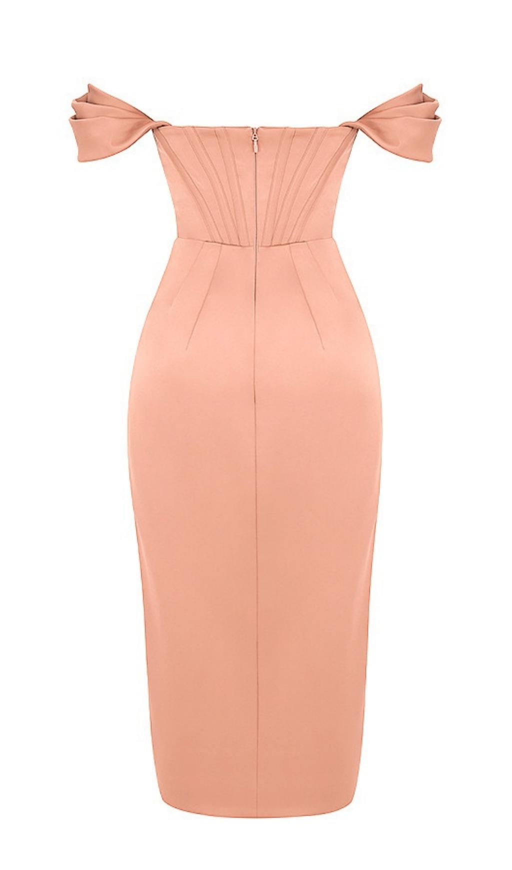 ASYMMETRIC SPLIT CORSET MIDI DRESS IN BLUSH