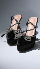 BOW CRYSTAL SATIN HEELS IN BLACK