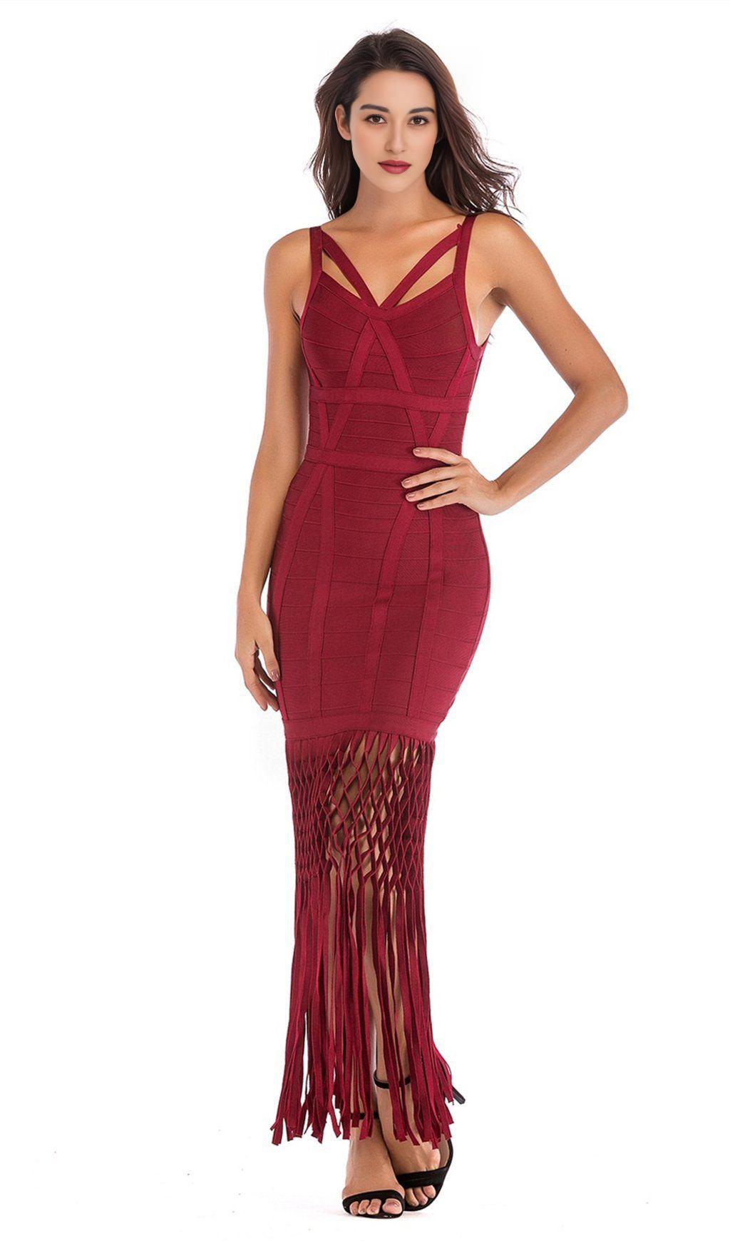 WINE DRAPED  MAXI BANDAGE DRESS