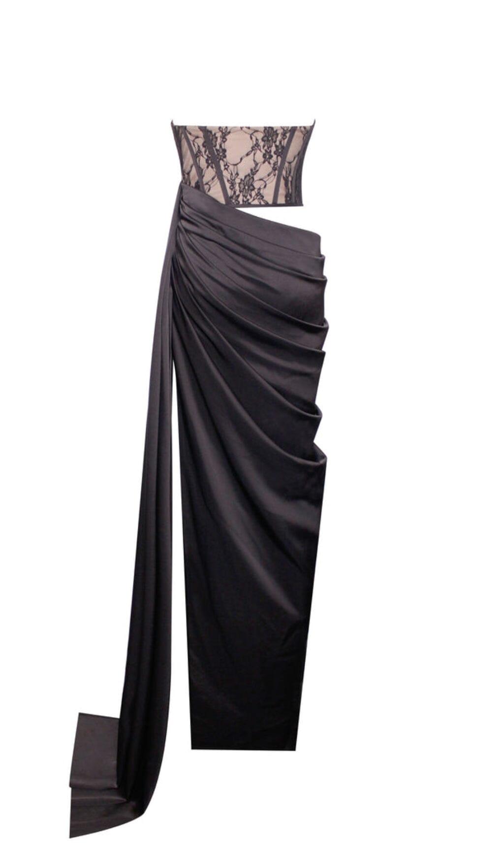 CORSET SATIN PLEATED MAXI DRESS IN BLACK