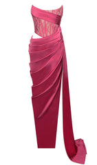 CORSET SATIN PLEATED MAXI DRESS IN RED