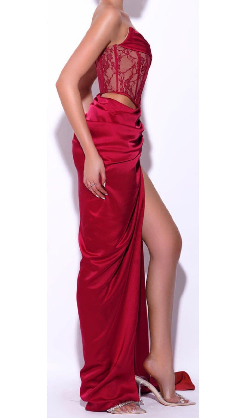 CORSET SATIN PLEATED MAXI DRESS IN RED