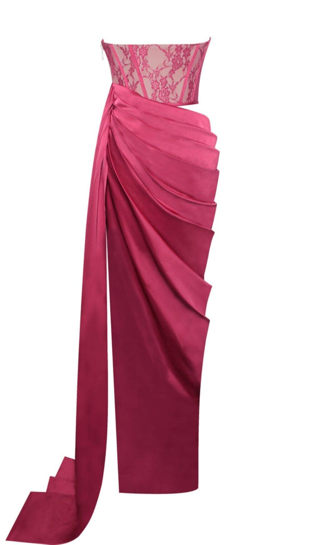 CORSET SATIN PLEATED MAXI DRESS IN RED