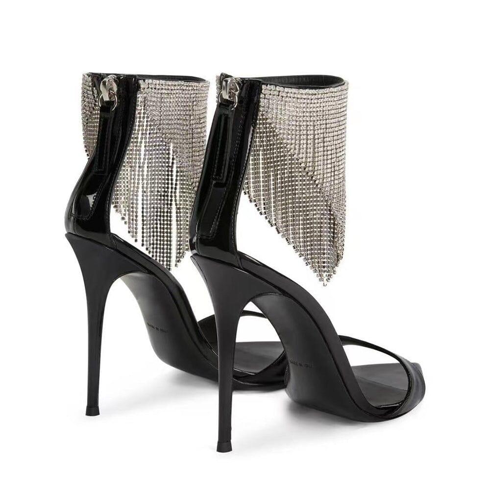 CRYSTAL TASSEL HEELS IN BLACK