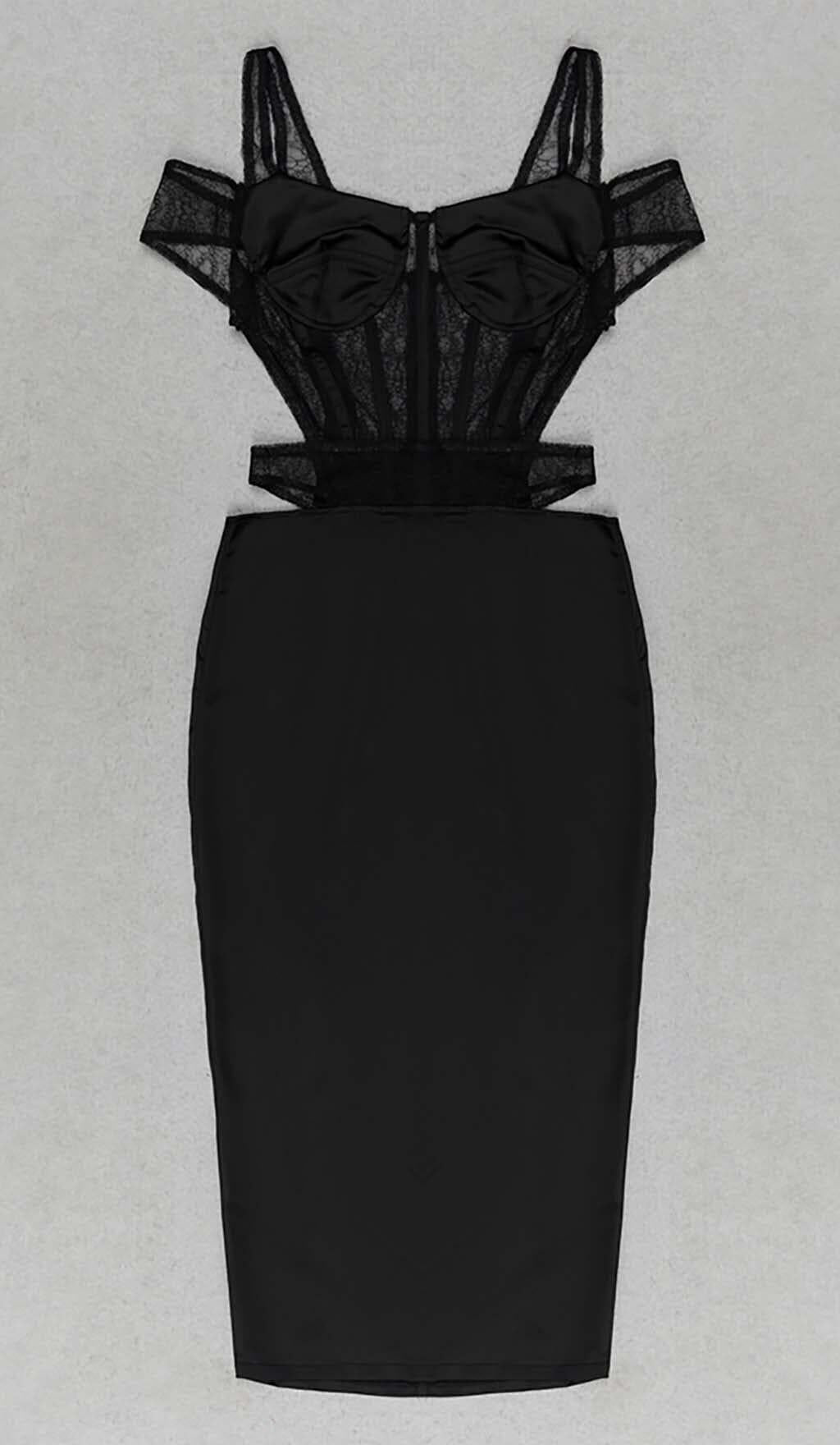 CUTOUT CORSET LACE MIDI DRESS IN BLACK