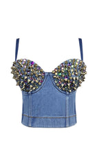 DENIM CRYSTAL CROPPED TOP IN BLUE