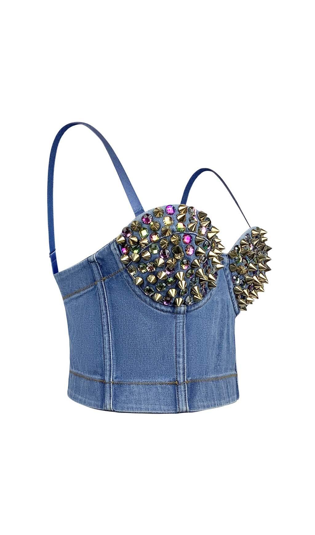 DENIM CRYSTAL CROPPED TOP IN BLUE