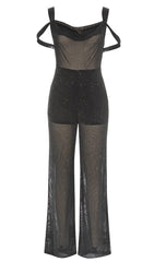 DIAMANTE MESH JUMPSUIT IN BLACK