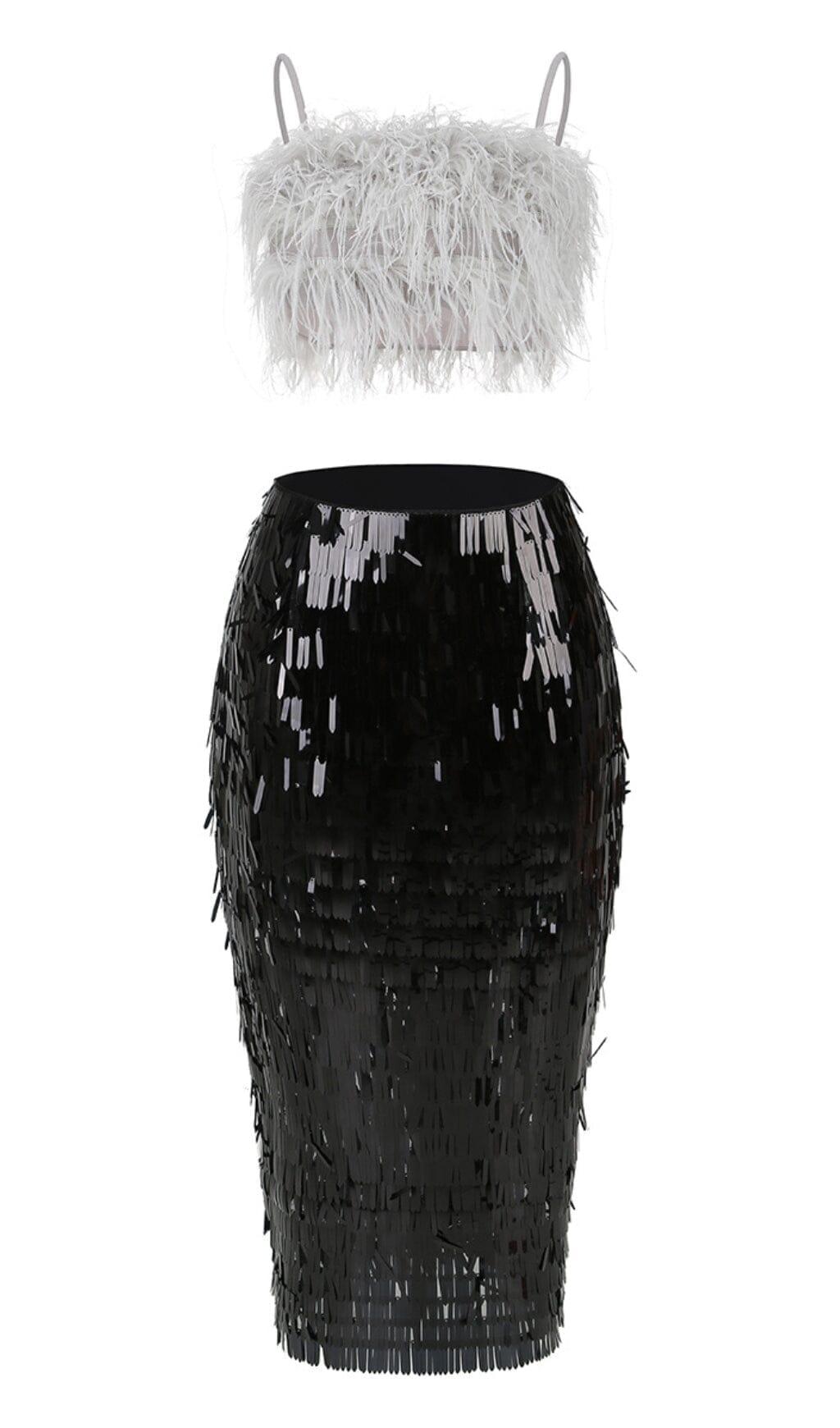 FEATHER TOP SEQUIN MIDI DRESS IN BLACK