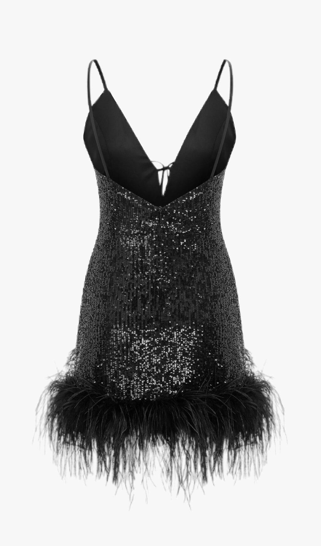 FEATHER V NECK MINI DRESS IN BLACK