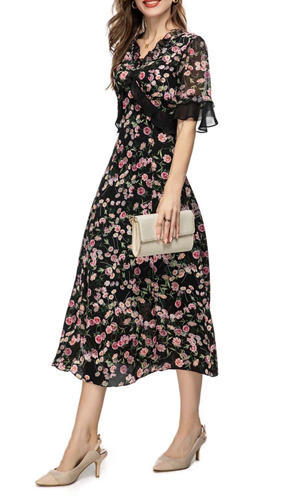 FLORAL PRINT RUFFLE MIDI DRESS IN MULTI-COLOR