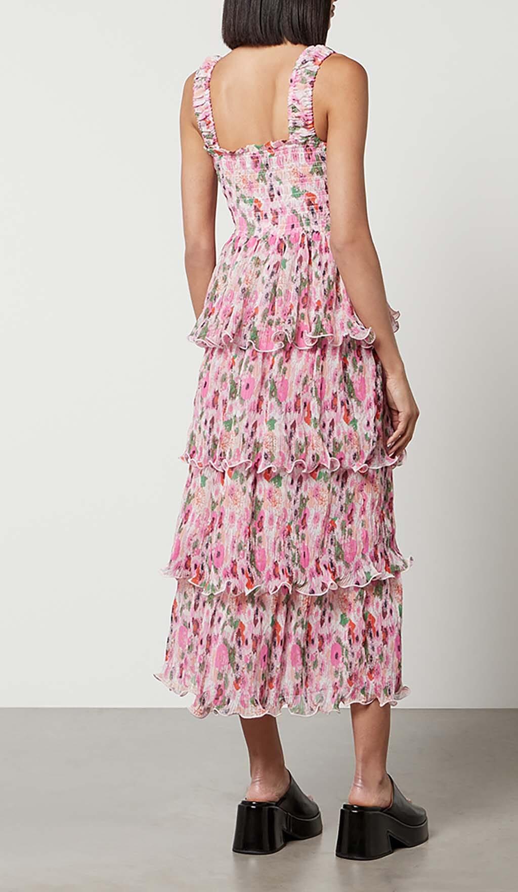 FLORAL-APPLIQUÉ TIERED MIDI DRESS IN PINK