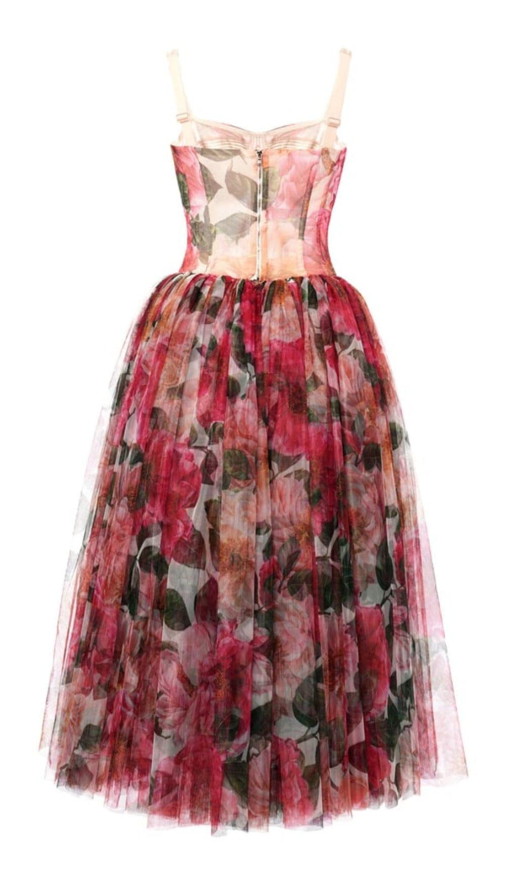 FLORAL-PRINT CORSET MIDI DRESS IN PINK