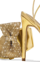 GOLD CROSS-LACE RHINESTONE BOW HEELS