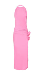 HALTERNECK DRAPED APPLIQUÉD STRETCH-JERSEY MIDI DRESS