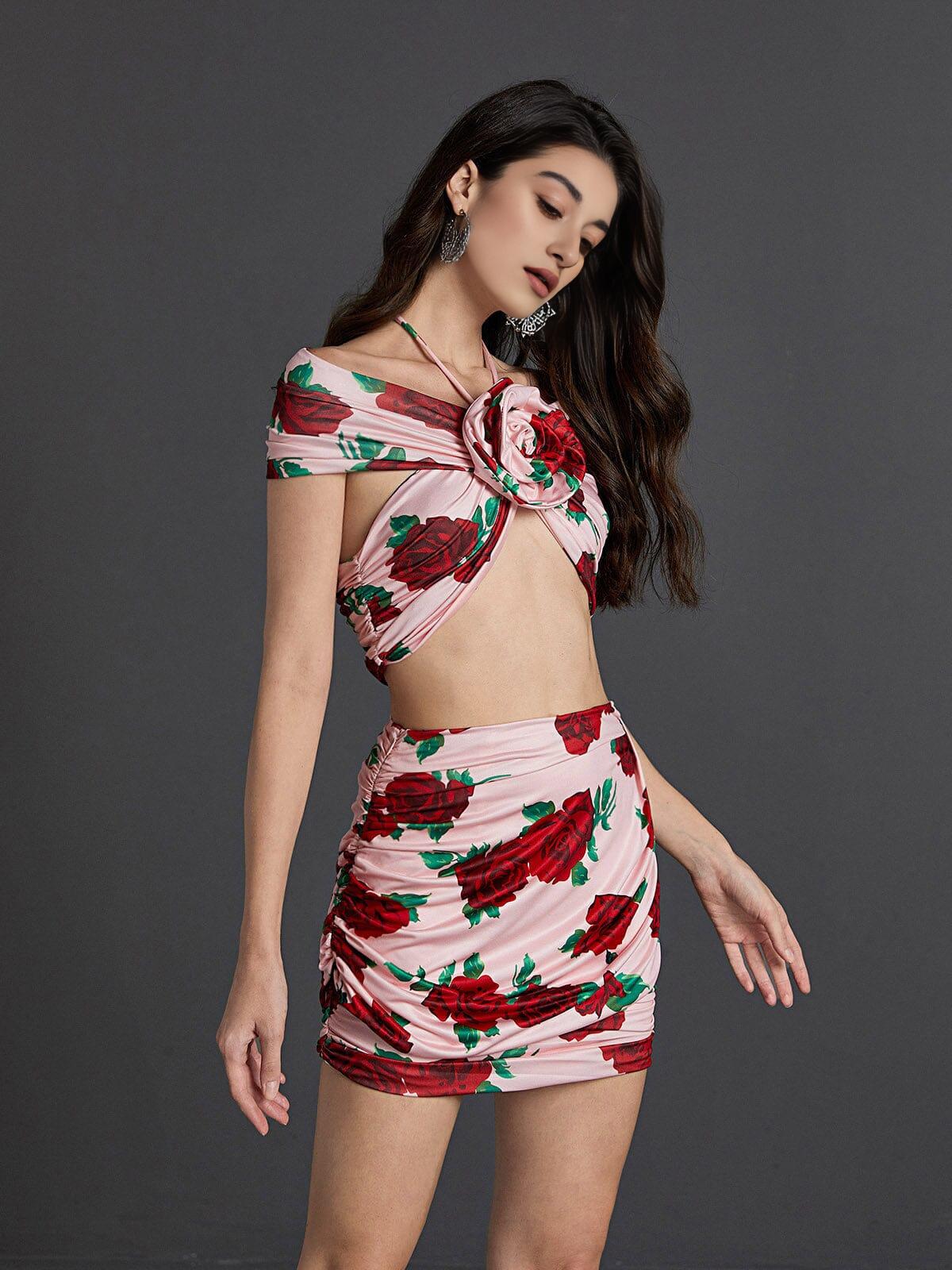 HALTERNECK ROSE PRINTED SKIRT SET