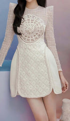 LONG-SLEEVE EMBROIDERED LACE MINI DRESS IN BEIGE