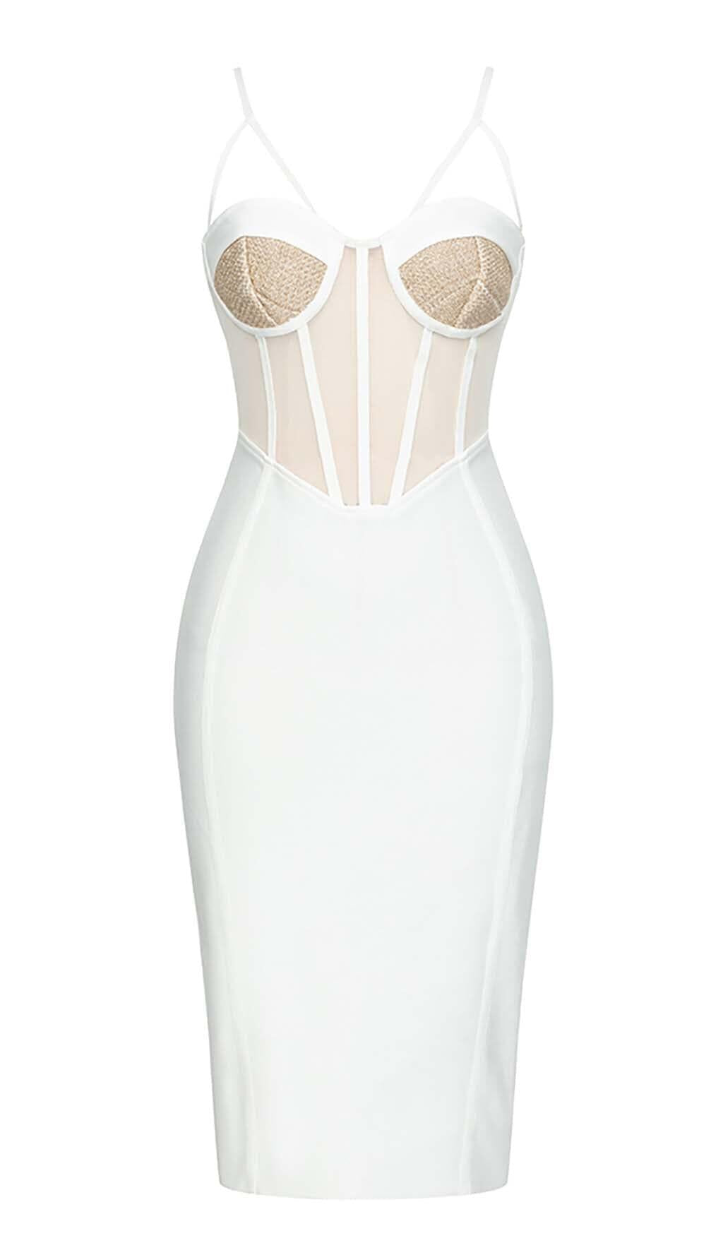 MESH CORSET BODYCON MIDI DRESS IN WHITE