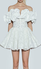 OFF SHOULDER CORSET MINI DRESS IN WHITE