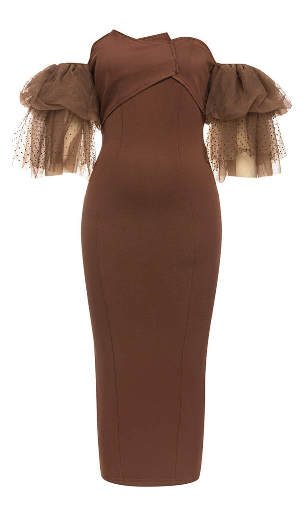 OFF-SHOULDER RUFFLED MIDI DRESS IN BROWN – Redcit