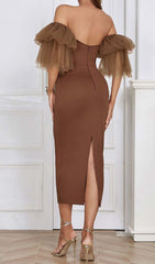 OFF-SHOULDER RUFFLED MIDI DRESS IN BROWN