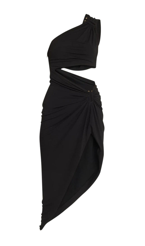 one shoulder vian dress Elegant One Shoulder Midi Dress with Dramatic Sleeve 40033