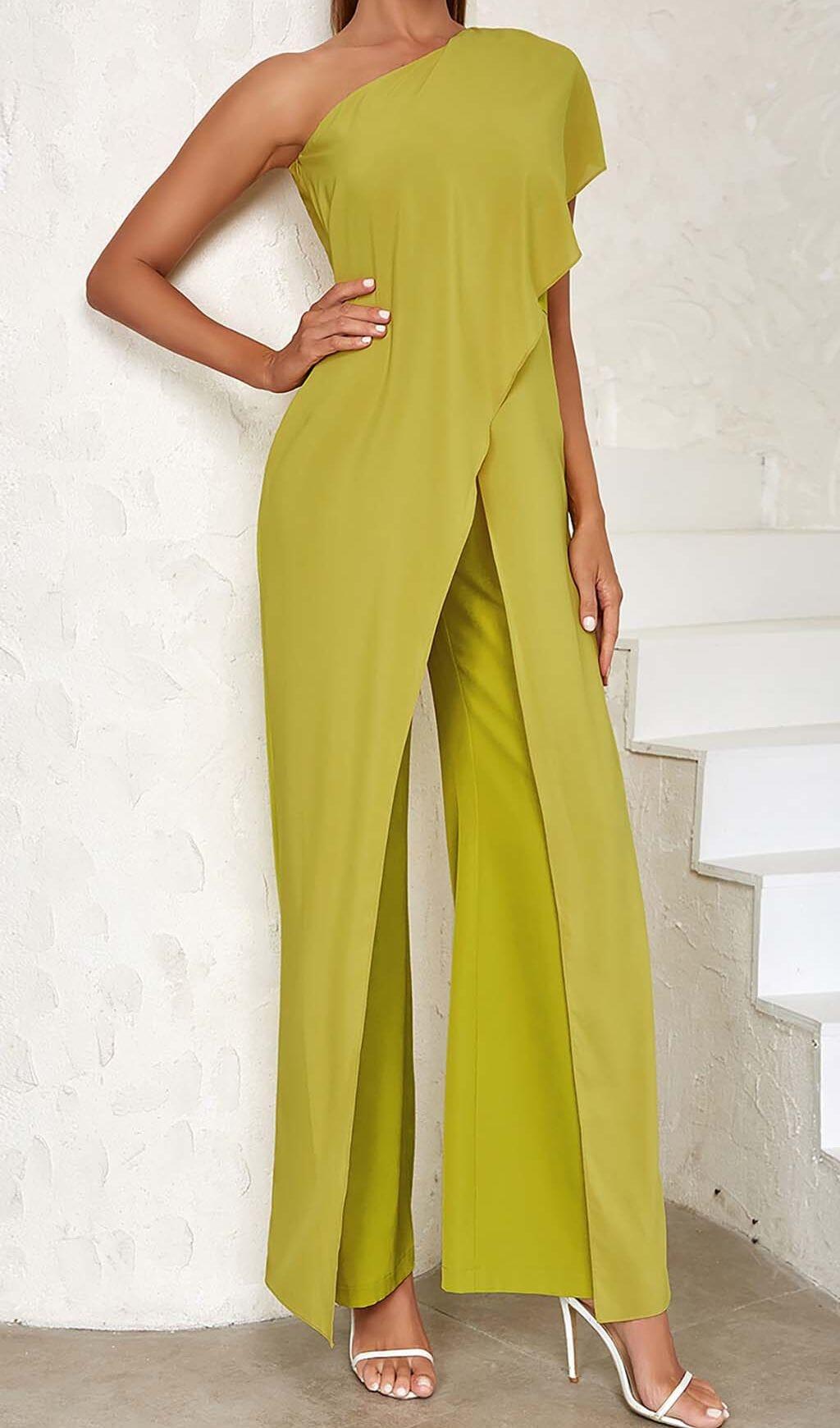 ONE SHOULDER TIERED JUMPSUIT IN OLIVE