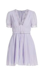 PLEATED CHIFFON MINI DRESS IN LAVENDER