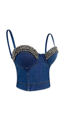 RHINESTONE BACKLESS CROPPED TOP IN NAVY BLUE