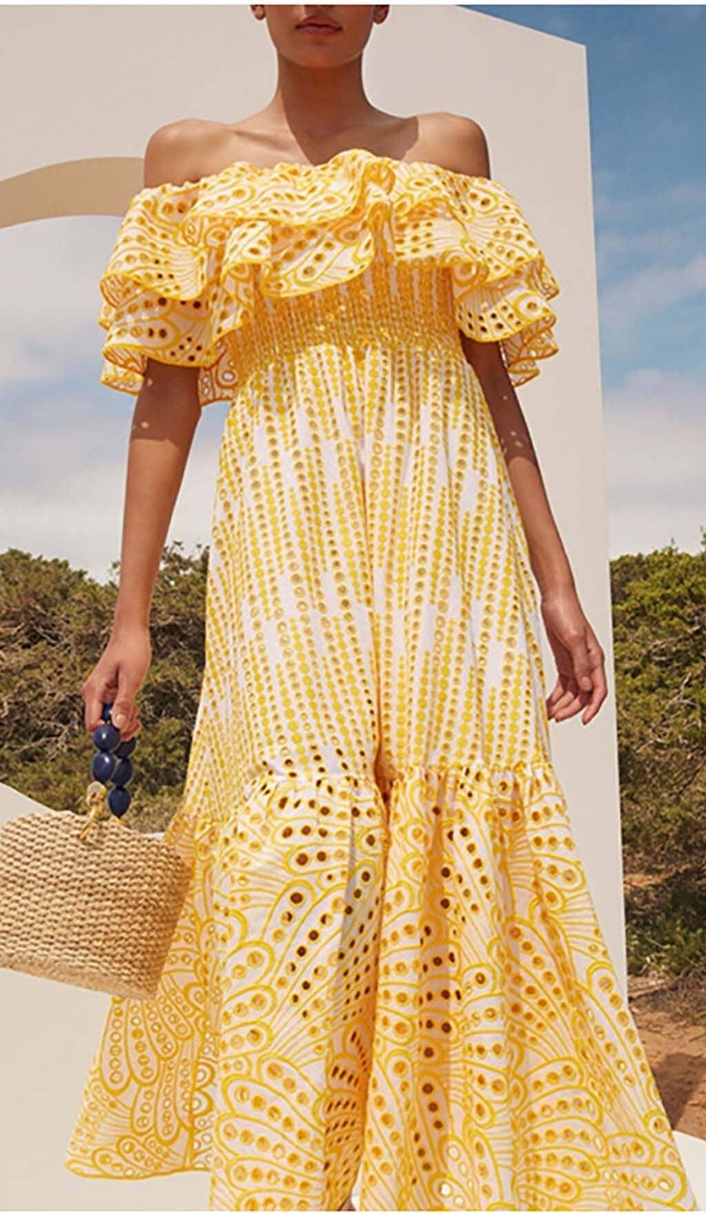 RUFFLE COLD SHOULDER MIDI DRESS IN YELLOW