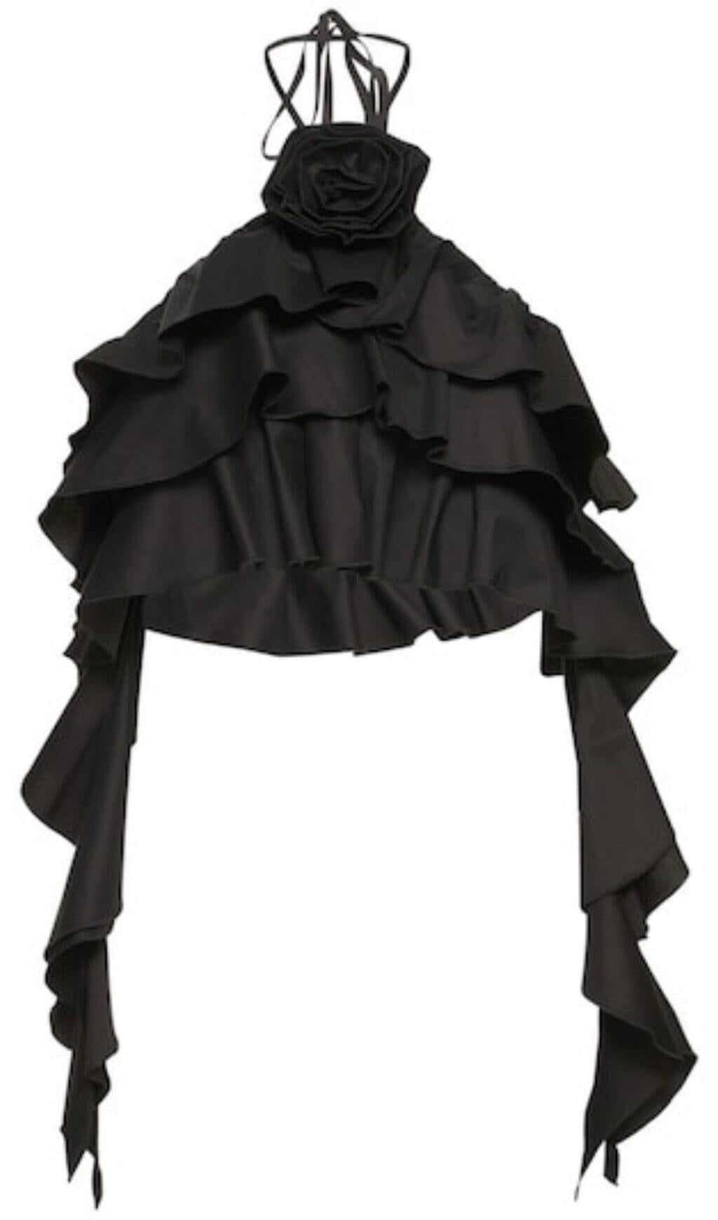 RUFFLE-DETAIL HALTER CROP TOP IN BLACK