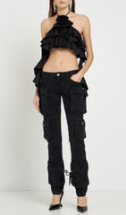 RUFFLE-DETAIL HALTER CROP TOP IN BLACK