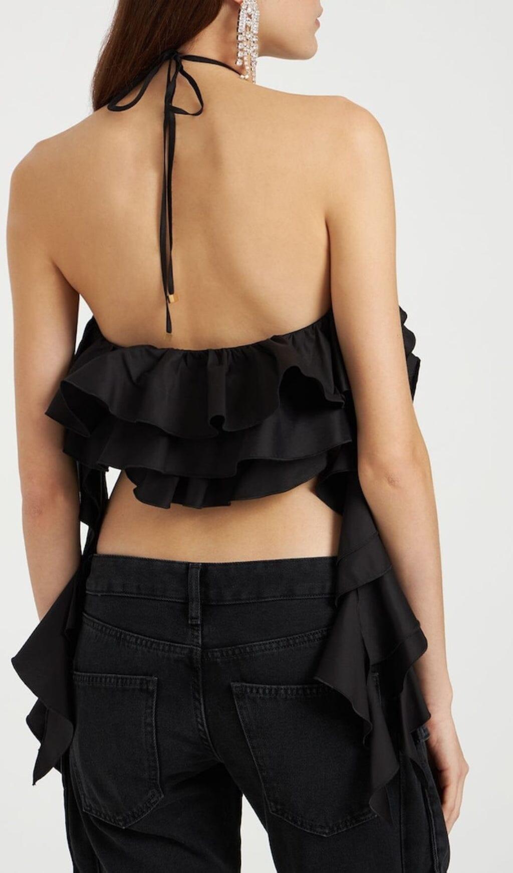 RUFFLE-DETAIL HALTER CROP TOP IN BLACK