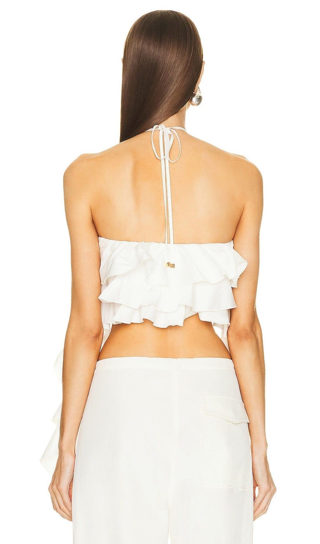 RUFFLE-DETAIL HALTER CROP TOP IN WHITE