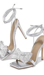 SILVER CROSS-LACE RHINESTONE BOW HEELS