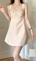 STRAPPY CRYSTAL EMBELLISHED MINI DRESS IN BEIGE