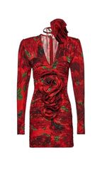 V NECK ROSE PRINTED MINI DRESS