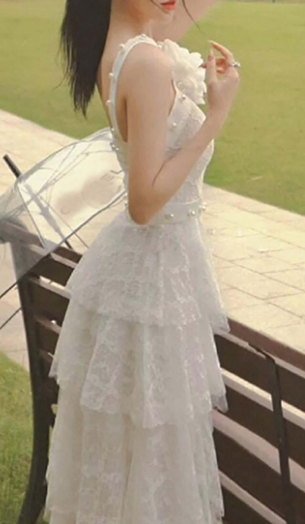 3D FLORAL PEARL BUTTON RUFFLES MIDI DRESS IN WHITE – Redcit