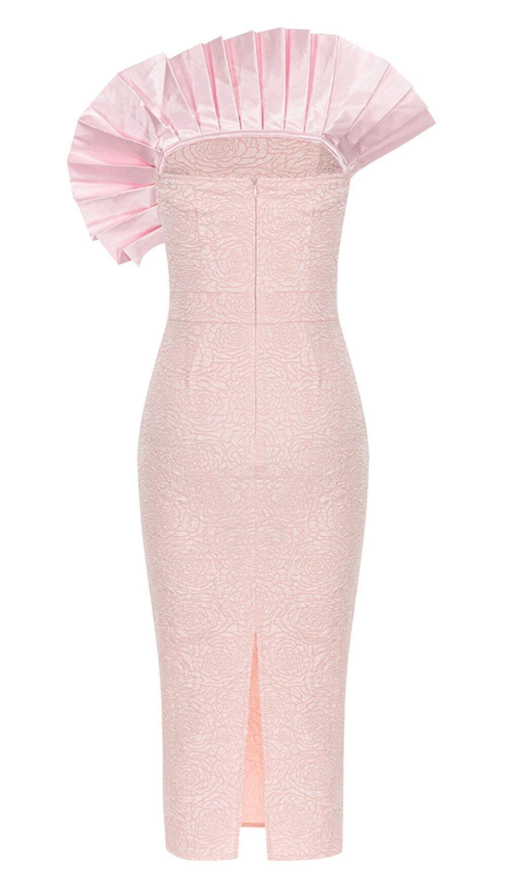 BODYCON RUFFLE DETAIL MIDI DRESS IN PINK