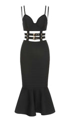 BUCKLE BANDAGE MIDI DRESS IN BLACK